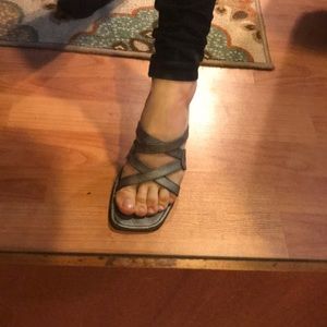 Chunky heeled strappy silver sandals from Mexico